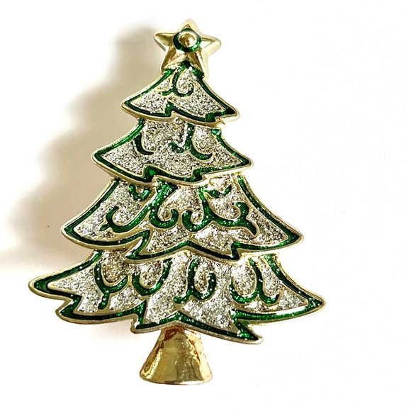 Vintage Christmas Tree Brooch Pin Green Enamel Glitter Gold Tone Plated - Picture 5 of 13